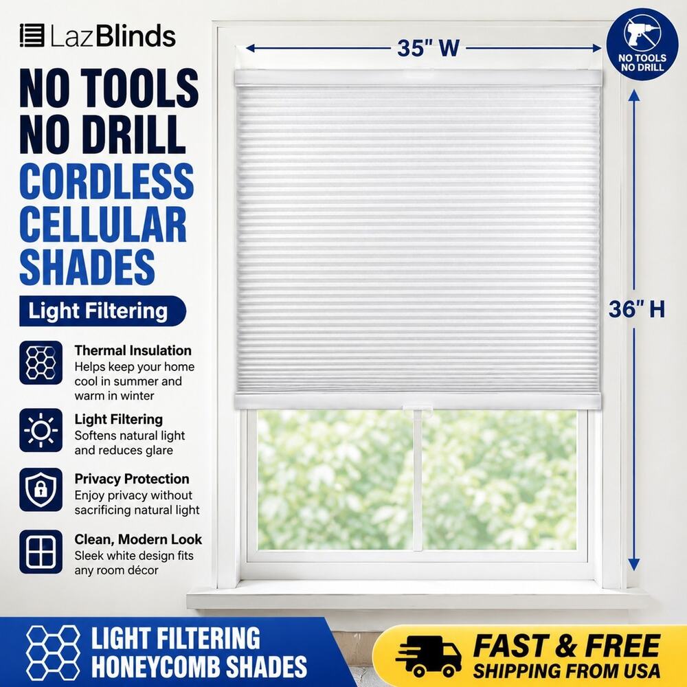 35”W x 36"H LazBlinds No Tools No Drill Cordless Cellular Shades, White